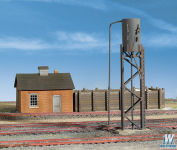 Walthers Sanding Towers & Drying House Item # 933-3182. The Walthers Cornerstone HO Scale Sanding Towers and Drying House kit is essential for adding realism to steam and diesel-era locomotive servicing scenes. Every railroad had its own ideas about sand house construction, so most were built to meet local conditions and seldom followed standard plans. Since diesels also needed sand, these structures remained in service years after the last steamer had been retired. This model fits any busy terminal and includes a unique brick drying house, a large open storage bin, and piping. Both steam and a larger modern-era sanding tower are included to fit your modeling era. The Sanding Towers and Drying House kit is one of a wide variety of Cornerstone HO Scale railroad buildings.
 Brick drying house
Detailed wooden storage bin
Early and late-style towers included
Realistic piping
Great for steam or diesel-era layouts
Decal signs included
Easy-to-build plastic kit