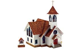 Woodland Scenics Community Church - HO Scale. Item # BR5041. Double doors welcome congregation members to this elegantly simple church. The Community Church has tons of details to set the scene. There is a field-stone foundation, clapboard siting, tall stained glass windows, rafters with decorative gable braces, front porch railings and a bell tower steeple topped with a gold cross. See photos for footprint.
This structure comes with pre-installed LED lighting made for use with the Just Plug® Lighting System. 25mA
RoHS Compliant
Colors may vary from actual product.