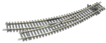 ST-244 Curved Turnout, Right Hand 00/H0 Scale.  Item # ST-244. PECO Setrack 00 Gauge Code 100 - Unit trackage System
The high quality rigid unit trackage system suitable for all popular brands of 00 gauge model trains.
Being fully compatible with the Code 100 PECO Streamline range, it need never be discarded as your layout develops.
The solid nickel silver rails are integrally moulded into the sleeper bases for maximum realism and strength. Turnouts are fitted with an over-centre spring for immediate use, no extra levers necessary. 2nd and 3rd Radius Curved Right Hand Turnout
Technical Specification:
Frog Angle: 11.25 Degrees.